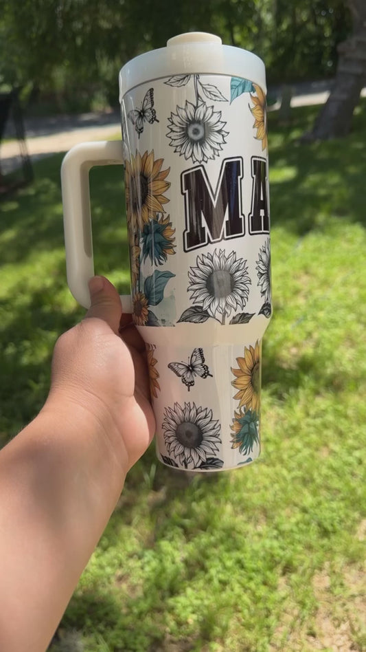 40oz TUMBLER WITH HANDLE / MAMA SUNFLOWER